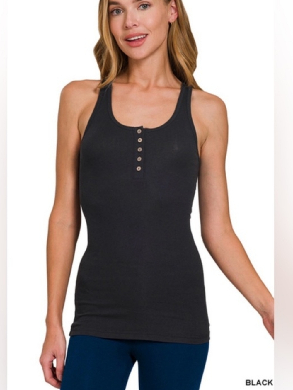 Zenana Outfitters Black Racerback Henley Tank - Button Front NWOT